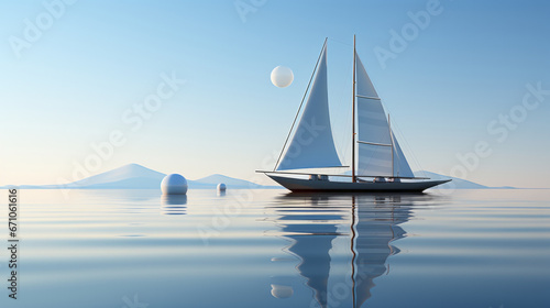 A majestic sailboat glides across the glistening water, its mast reaching towards the endless sky as it transports its passengers on a wild journey through the serene lake photo