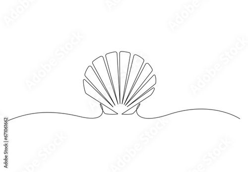  Continuous single line drawing of beauty scallop for Chinese restaurant logo identity. Seashell mascot concept. Vector illustration. Pro vector. 