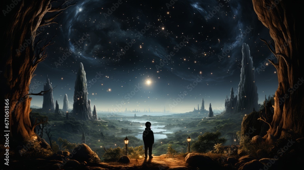 A young explorer gazes up at the endless night sky, mesmerized by the glittering stars above and the peaceful river below, feeling the vastness of nature and the thrill of adventure in their heart
