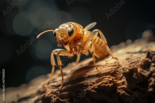 The termite on the ground is searching for food to feed the larvae in the cavity. Selective focus of the small termite on decaying timber © Stavros
