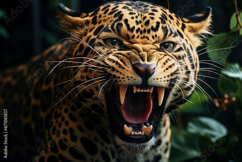 Portrait of a beautiful roaring leopard, wild animal look © Goffkein