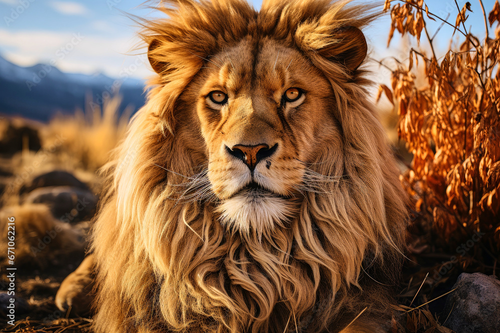 Portrait of a majestic lion, wild animal look Portrait of a majestic lion, wild animal look
