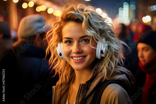 Portrait of beautiful cheerful smiling blonde girl in headphones on a city street