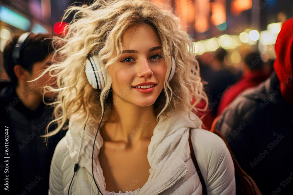 Portrait of beautiful cheerful smiling blonde girl in headphones on a city street Portrait of beautiful cheerful smiling blonde girl in headphones on a city street