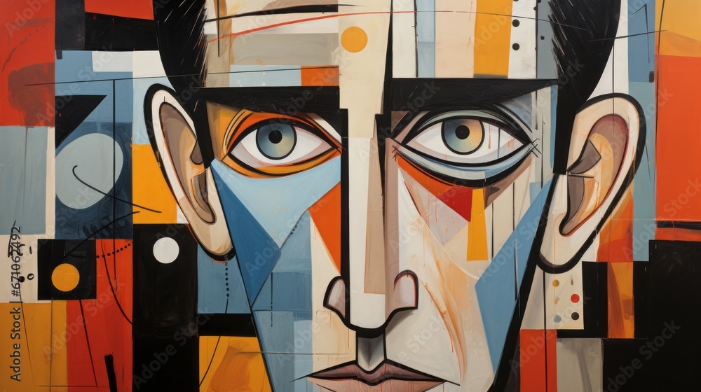 A vibrant mural of a man's face, with cartoon-like features, painted in bold strokes of color, capturing the essence of artistic expression and creativity