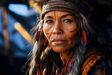 Portrait of adult indigenous woman from the Amazon wearing headdresses feathers looking at camera with serious gaze