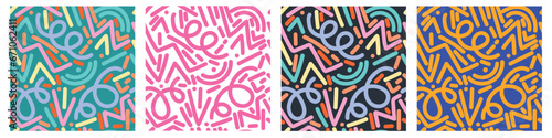 Set with four fun colorful line doodle seamless pattern. Hand drawing of brushes, zigzags, lines and curves.