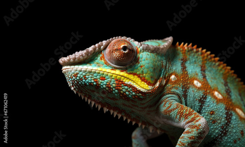 Chameleon lizard isolated on black background. Extreme close-up. Created using Ai tools