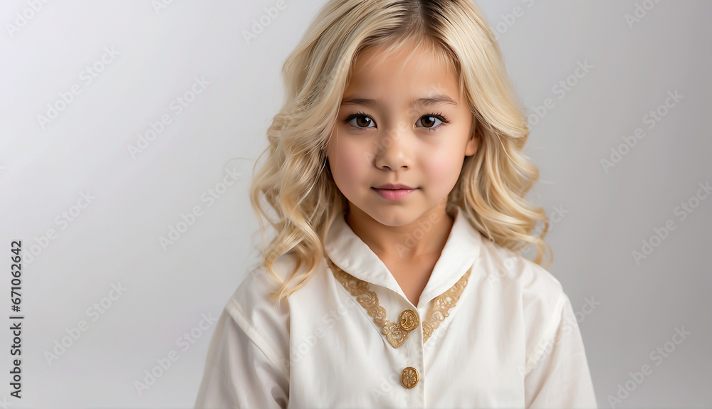 Fototapeta premium Asian Girl with Blonde Hair dressed Fashion Standing with Crossed Ankles Isolated
