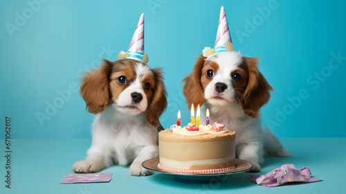 Two cute happy puppy dogs with a birthday cake celebrating at a birthday party on solid light blue background