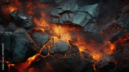 A fiery inferno dances within the cool, ancient embrace of a hidden cave, as molten lava seeps through the cracks in the rocks, igniting the raw power of nature's untamed flames photo