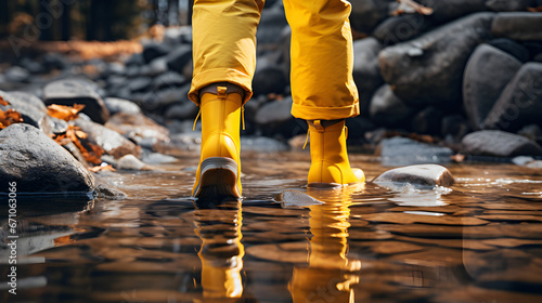 Person in yellow pants and boots walking through water near rocks and leaves during autumn