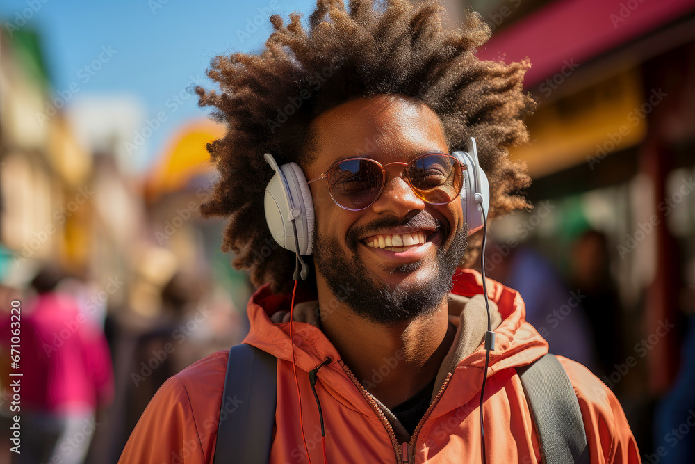 Portrait of a satisfied cheerful joyful smiling afro black man in headphones outdoors Portrait of a satisfied cheerful joyful smiling afro black man in headphones outdoors