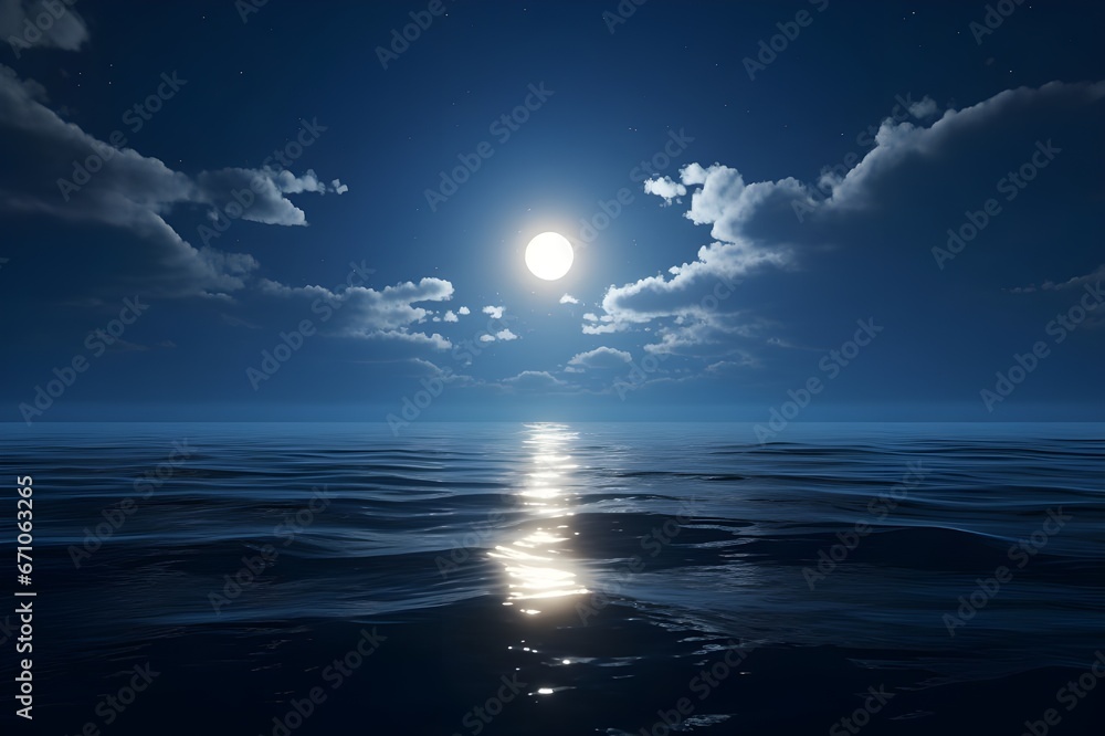 An awe-inspiring shot of a full moon rising over a calm ocean, casting a path of shimmering silver on the water's surface