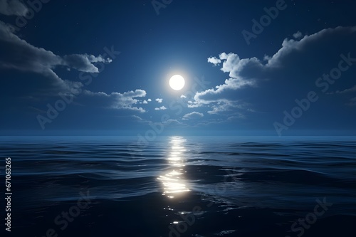 An awe-inspiring shot of a full moon rising over a calm ocean, casting a path of shimmering silver on the water's surface