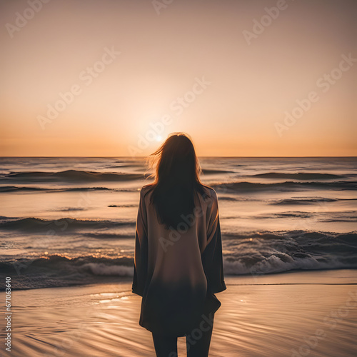 woman on the beach at sunset