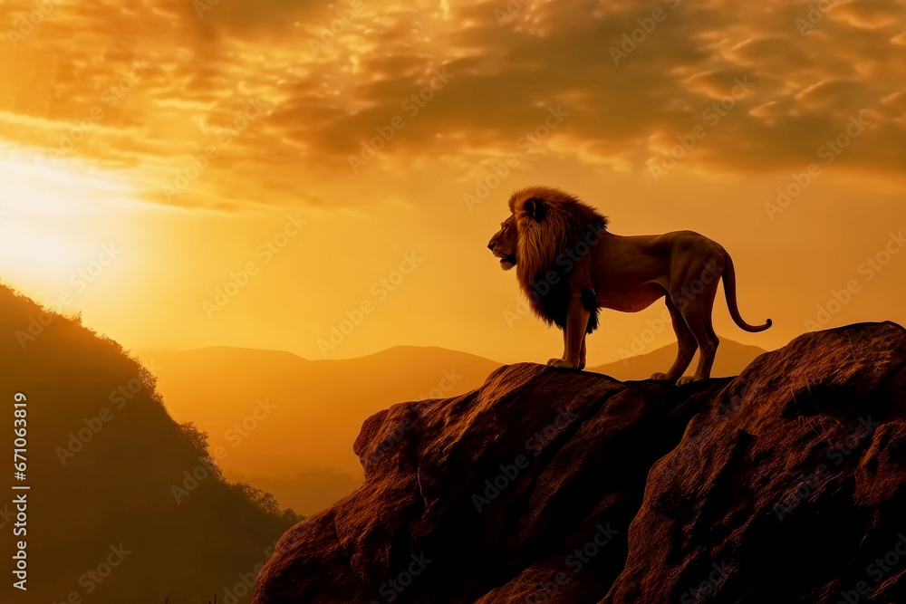 Lion standing on top of a mountain during sunset Lion standing on top of a mountain during sunset