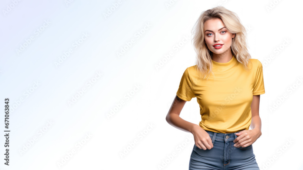 Fototapeta premium Blonde woman wearing mustard t-shirt isolated on gray background