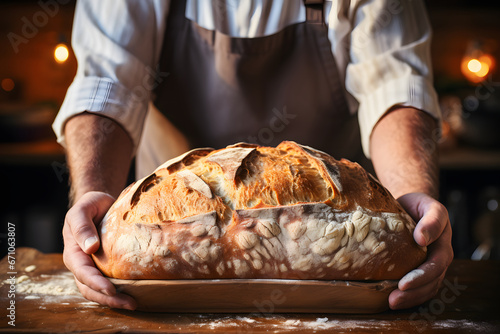 Baker hands holding a freshly baked loaf.