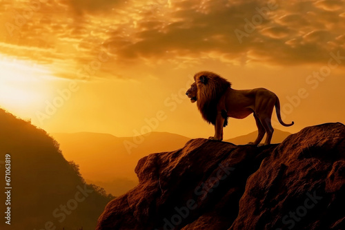 Lion standing on top of a mountain during sunset