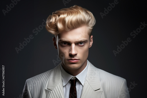 A young model-looking European man with a strong face, blond hair with retro styling, wide eyebrows, expressive cheekbones, and a white suit poses on a dark gray background, looking at the camera.