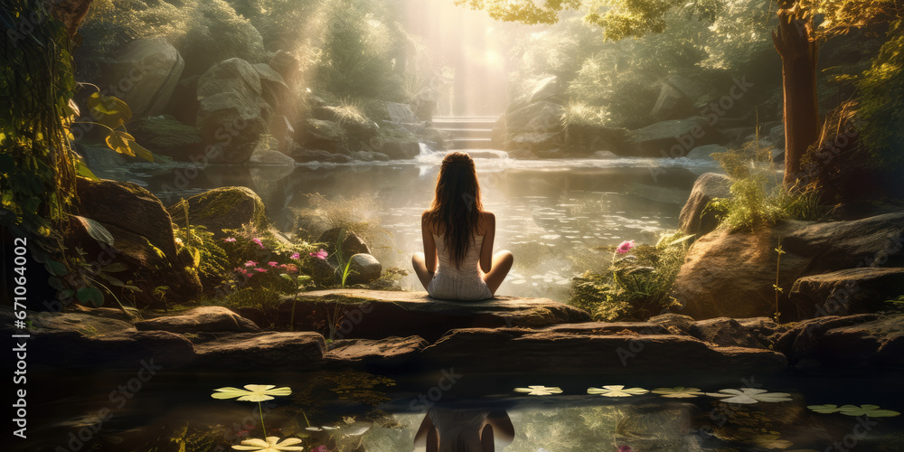 Woman meditating in front of  tranquil waterfall and pond.  - obrazy, fototapety, plakaty 
