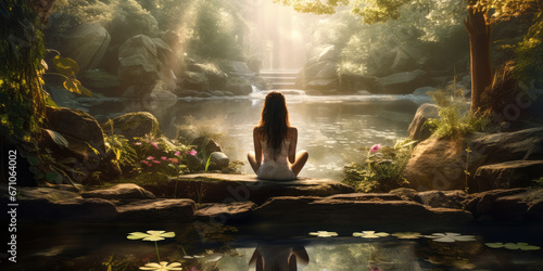 Woman meditating in front of  tranquil waterfall and pond.  photo
