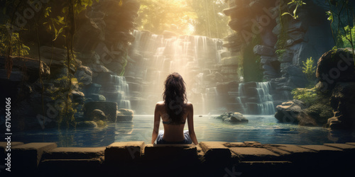 Woman meditating in front of tranquil waterfall and pond. 
