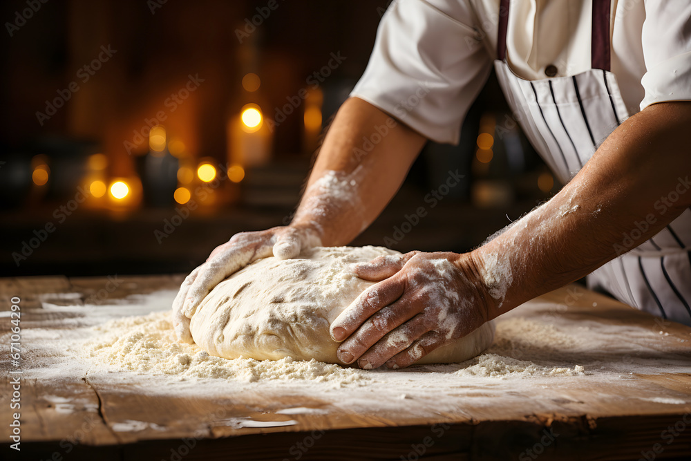 Hands kneading the dough on a wooden surface, bread making.