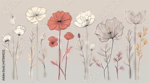  a bunch of flowers that are on a white surface with a gray background. generative ai