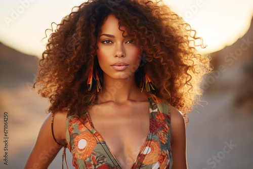 Afro-american woman model wearing a brown sundress in a garden