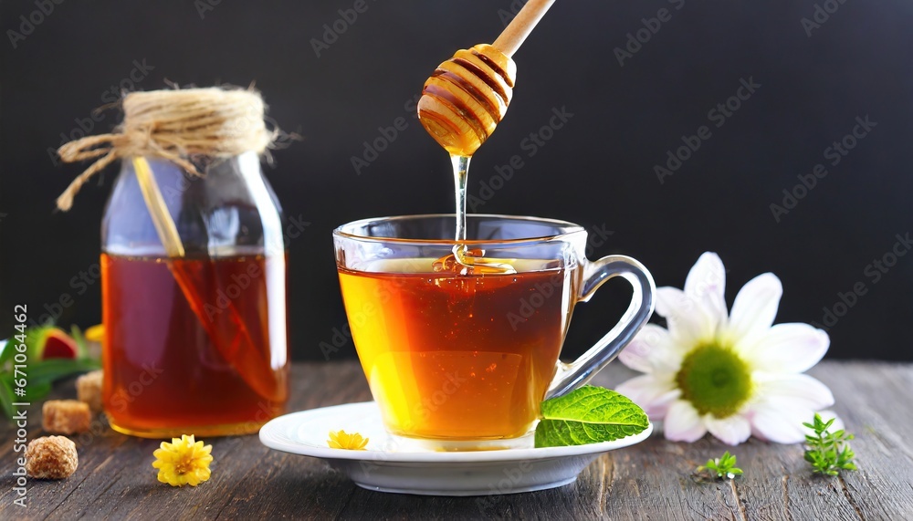 Honey dripping from a wooden honey dipper into a cup of tea Honey dripping from a wooden honey dipper into a cup of tea