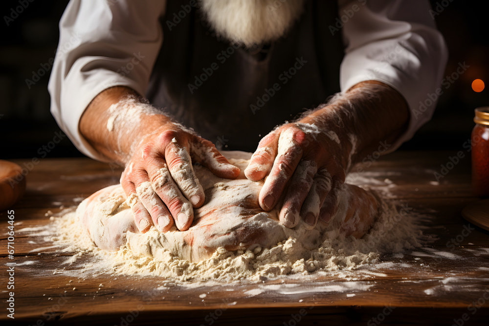 Hands kneading the dough on a wooden surface, bread making.
