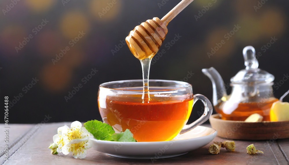 Honey dripping from a wooden honey dipper into a cup of tea Honey dripping from a wooden honey dipper into a cup of tea