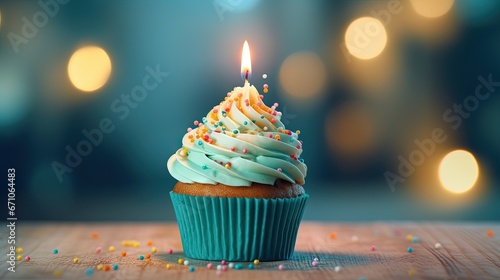  a cupcake with a lit candle on top of it. generative ai
