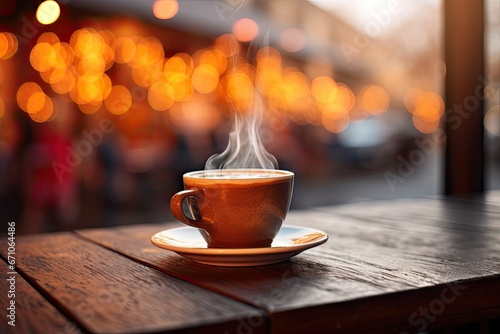 Hot Coffee Cup With Beans And Smoke On Wooden Table Background. Street. Winter Backdrop. Bokeh Light. Christmas. Decoration. Wallpaper