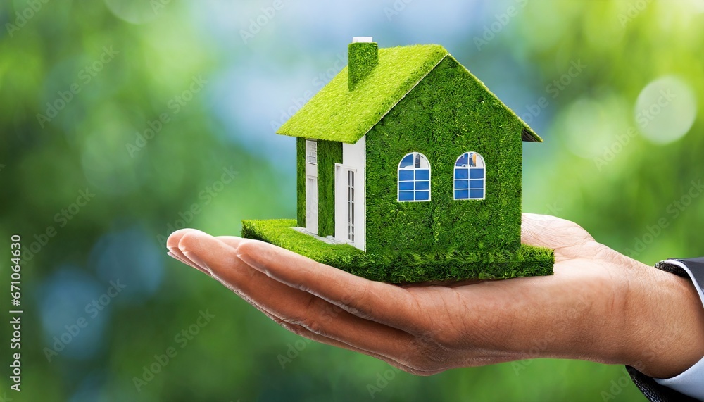 Real estate concept with eco -friendly green house model in human hand Real estate concept with eco -friendly green house model in human hand