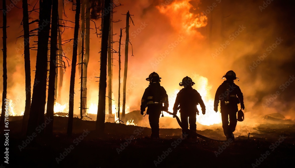 Silhouette of a group of firefighters walking through the forest during a fire. Burning forest
