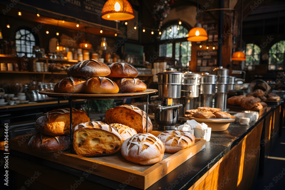 Interior of a cozy bakery with shelves full of freshly baked bread.