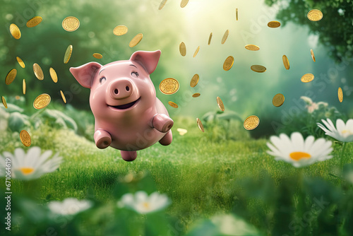 Happy piggy bank and flying golden coins on green garden background. Concept of saving money and seasonal sales. Generative AI photo