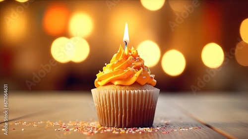  a cupcake with a single candle on top of it. generative ai
