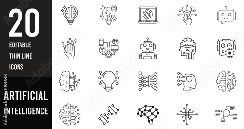 artificial intelligence icon set in line style, machine learning, smart robotic and cloud computing network digital AI technology: internet, solving, algorithm, vector illustration.