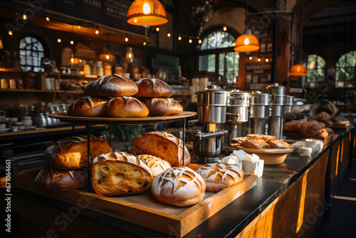 Interior of a cozy bakery with shelves full of freshly baked bread.