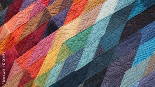  a multicolored quilt is hanging on a wall in a room. generative ai