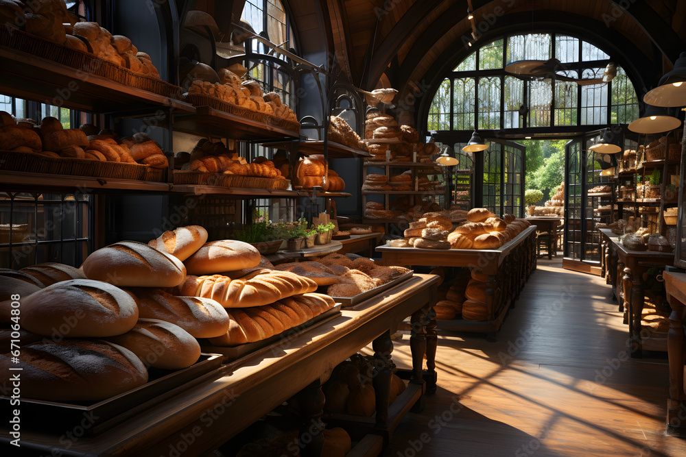 Interior of a cozy bakery with shelves full of freshly baked bread.