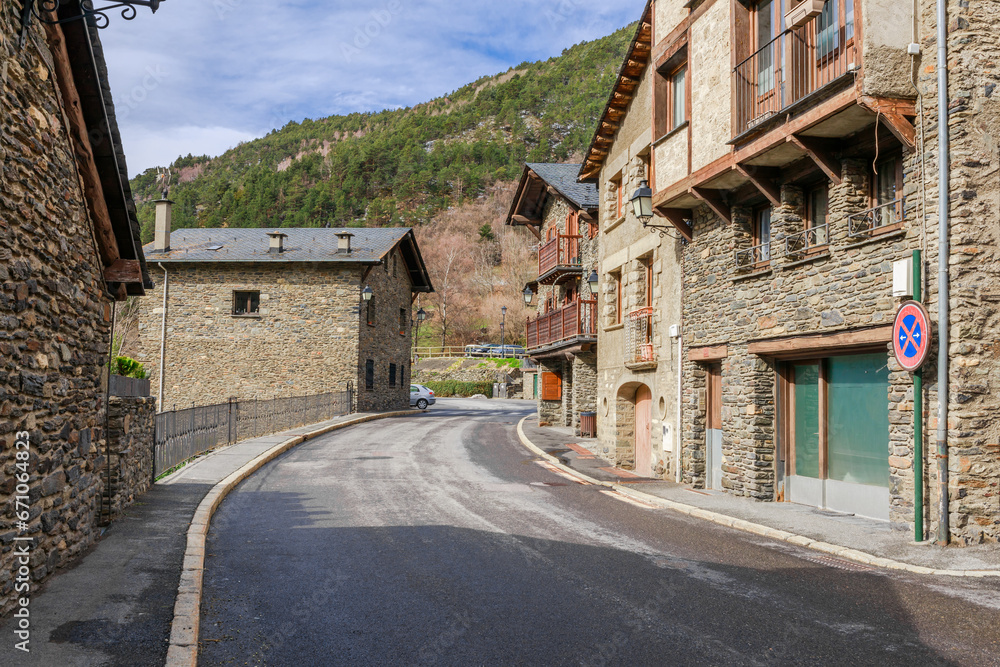 Street village view in Andorra. Famous tourist travel ski resort