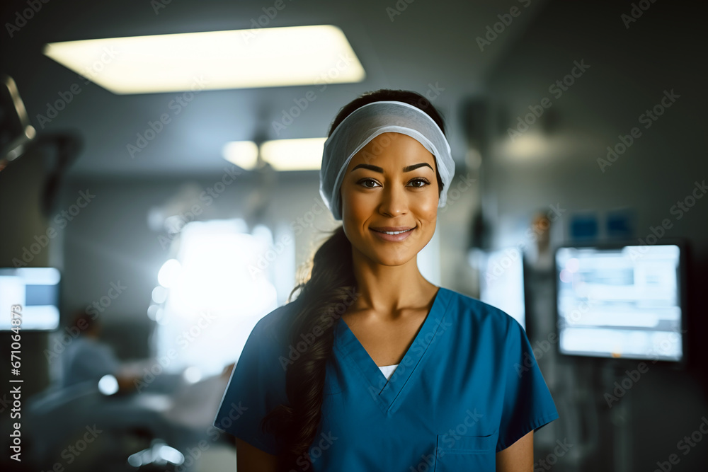 Smiling women surgeon in uniform at work in a hospital. Health profession. Hospital. Clinical. Work. AI. Smiling women surgeon in uniform at work in a hospital. Health profession. Hospital. Clinical. Work. AI.