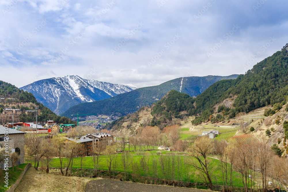 Landscape panoramic view in Andorra. Famous tourist travel ski resort