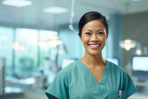 Smiling women surgeon in uniform at work in a hospital. Health profession. Hospital. Clinical. Work. AI.