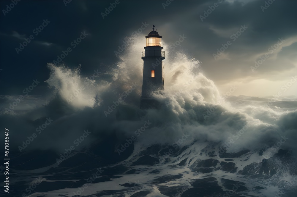 A captivating shot of a solitary lighthouse standing tall against crashing waves, a guiding beacon in a sea of uncertainty.
